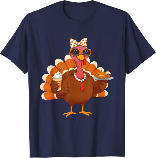 Turkey Drinking Coffee Bow Thanksgiving Turkey Day T-Shirt - T-Shirt | Navy