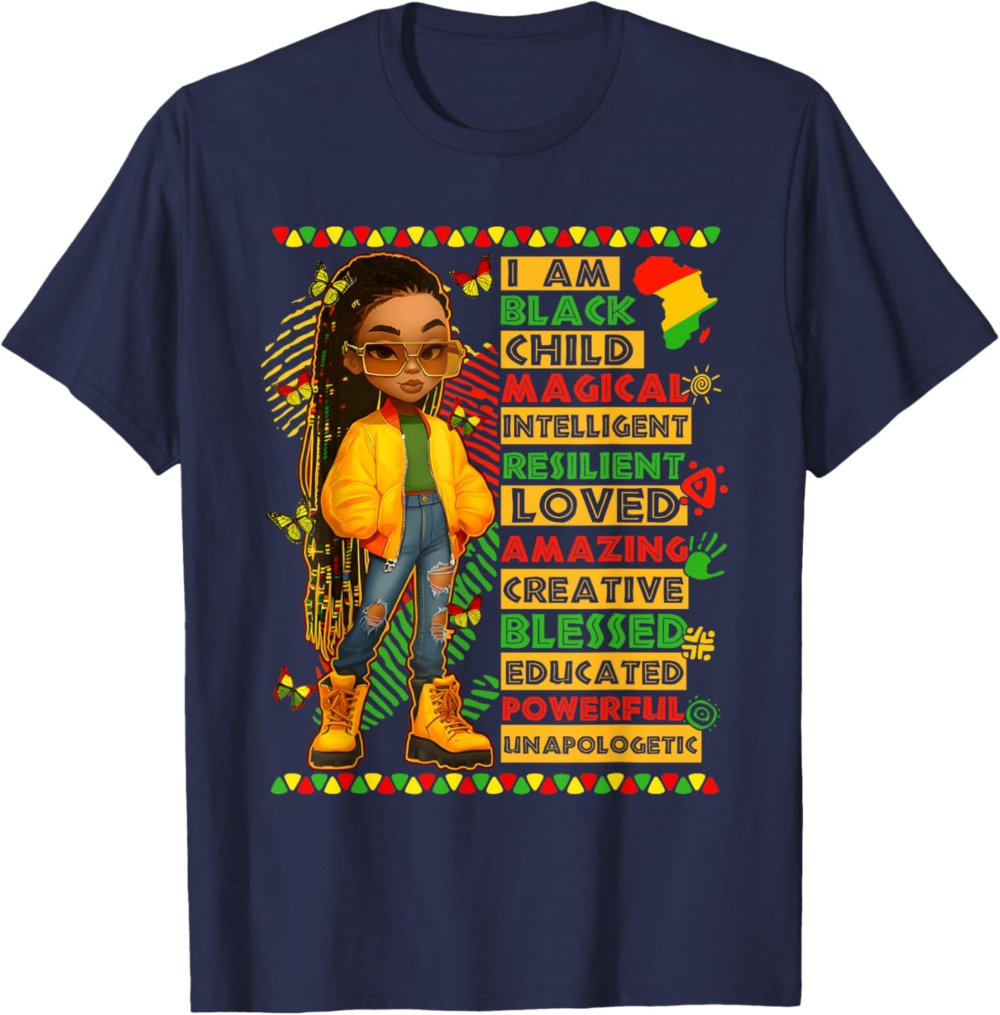 I Am Black Child History Month African American Kids Girls T-Shirt - T-Shirt | Navy