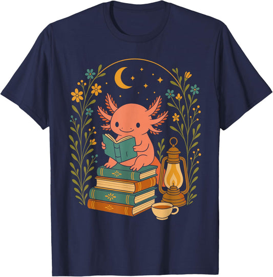 Cute Axolotl Reading Books Cozy Bookworm T-Shirt - T-Shirt | Navy