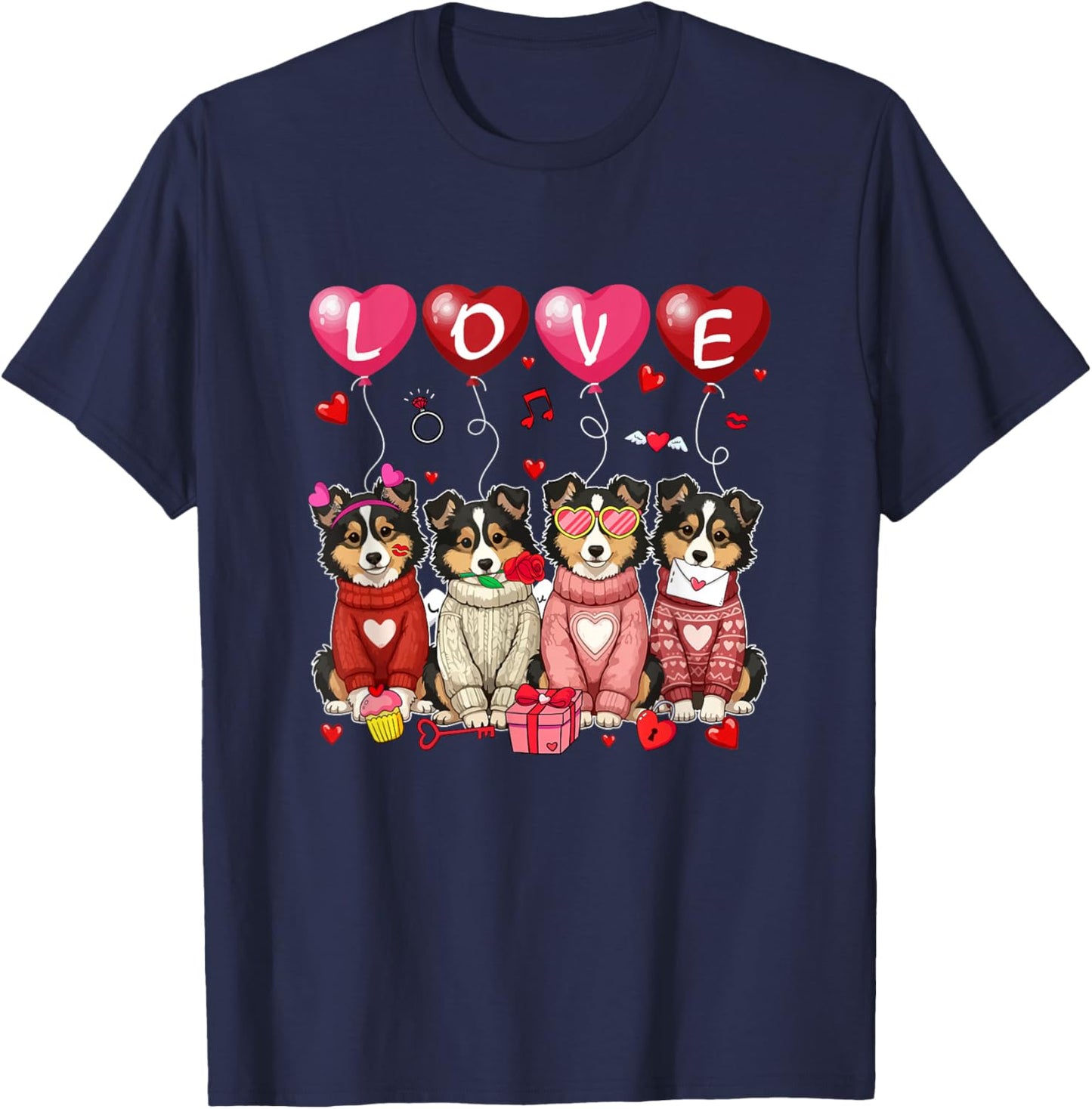 Love Group Shelties Sunglasses Valentine Owner Family Kids T-Shirt - T-Shirt | Navy