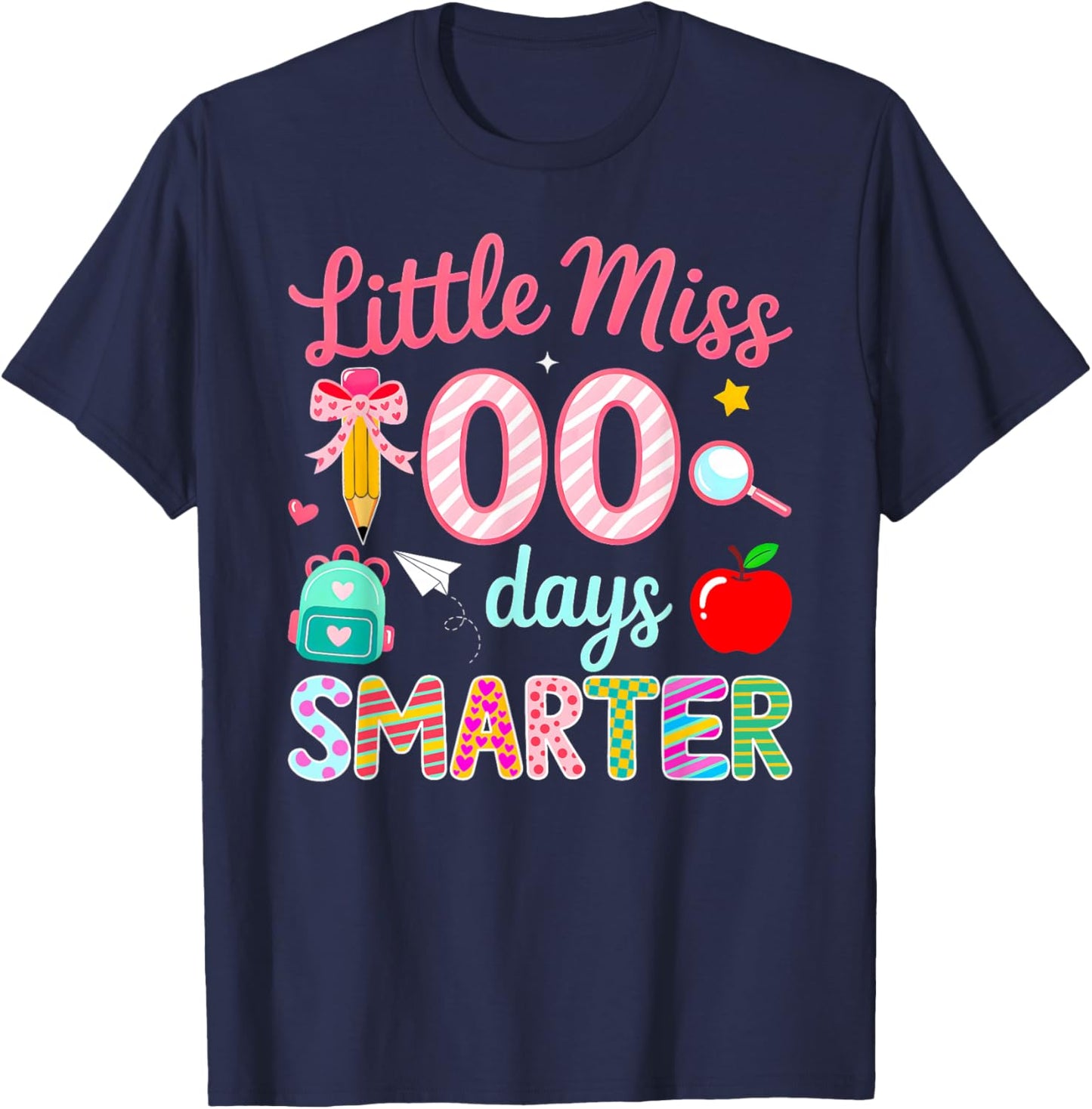 Little Miss 100 Days Smarter 100th Day of School Girls Kids T-Shirt - T-Shirt | Navy