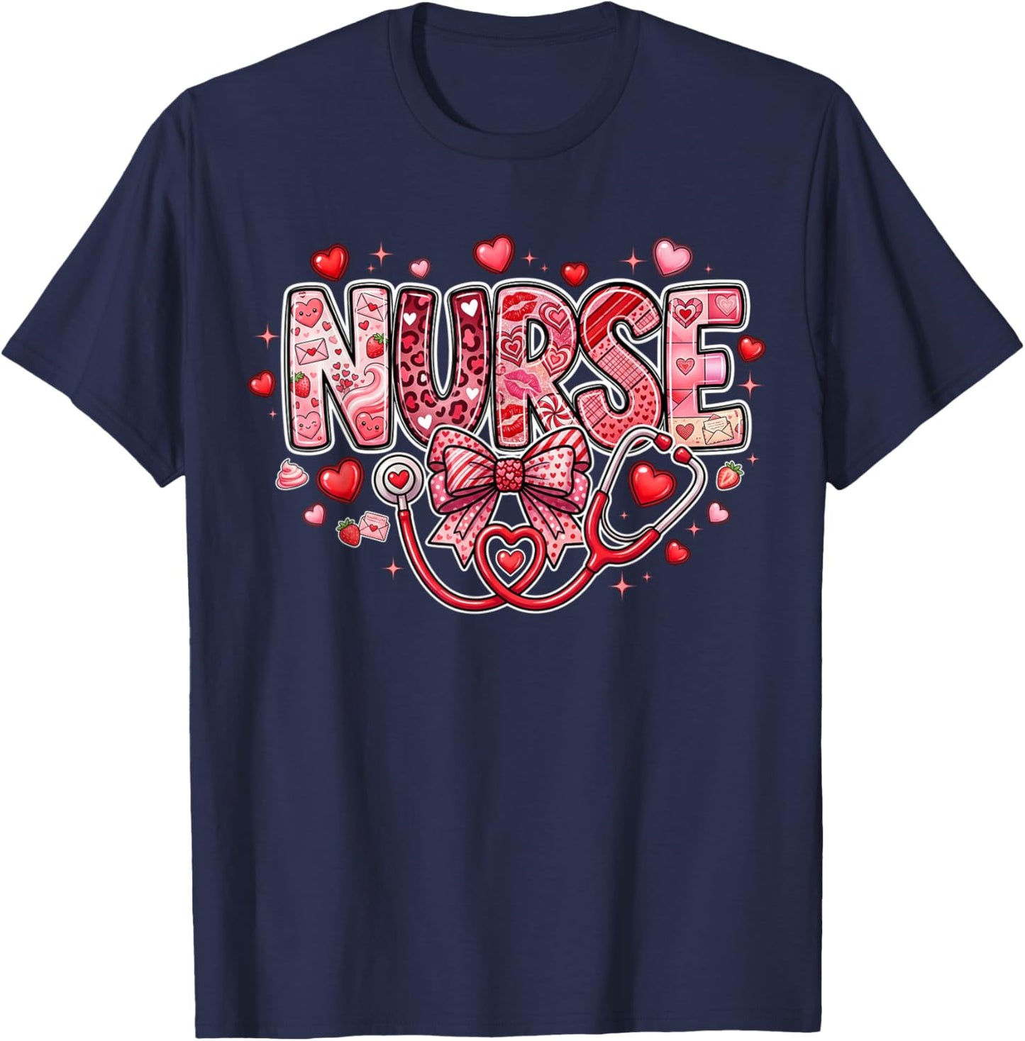 Red Healthcare ER RN CNA ICU Valentine Nurse Heart Nurses T-Shirt - T-Shirt | Navy