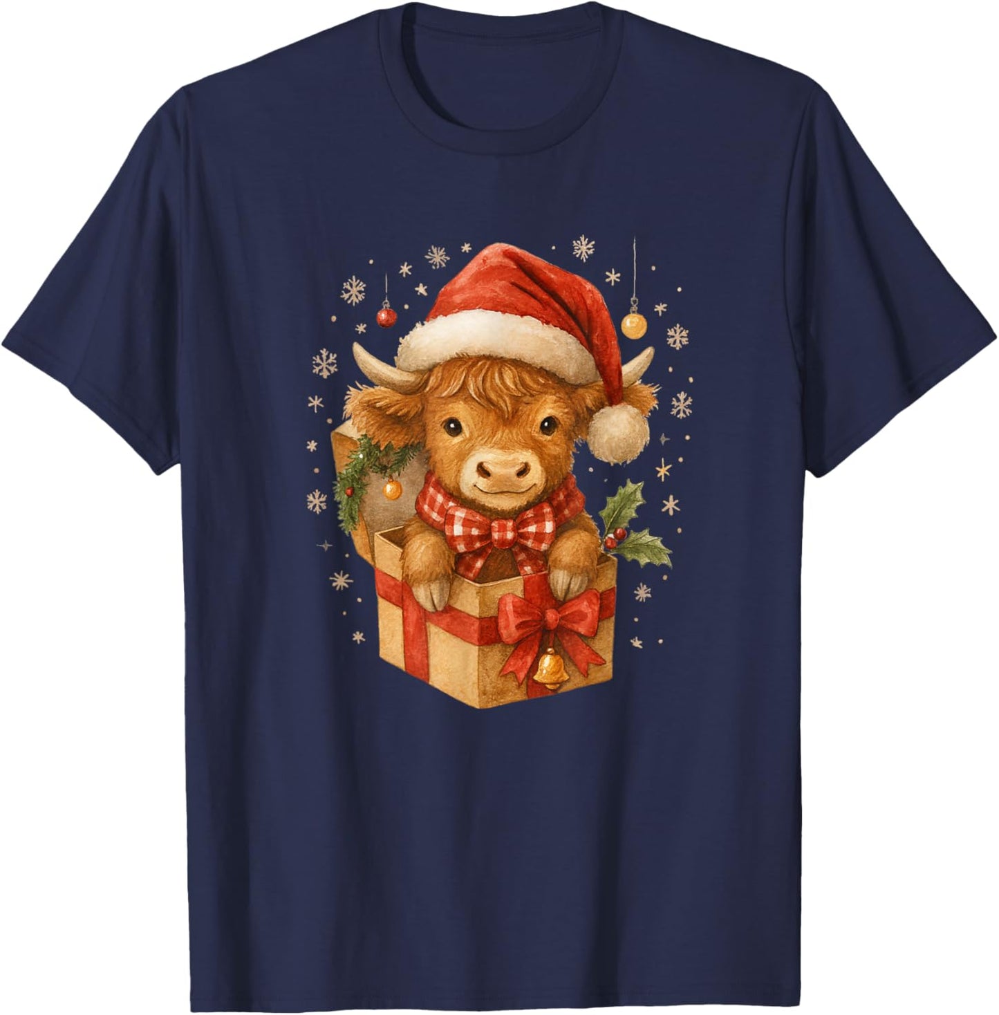Highland Cow Christmas in Gifts Box Watercolor Santa Hat T-Shirt - T-Shirt | Navy