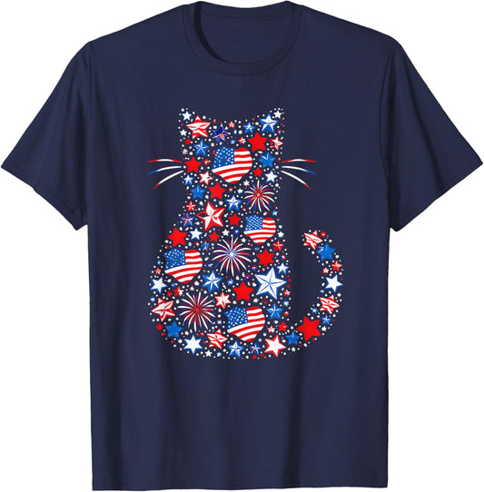 USA Flag Lucky Clover Patriotic 4th July Cat Lover T-Shirt - T-Shirt | Navy