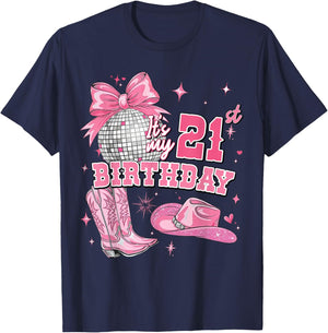 21 Years Old Women Western Cowgirl Pink Boots 21st Birthday T-Shirt - T-Shirt | Navy