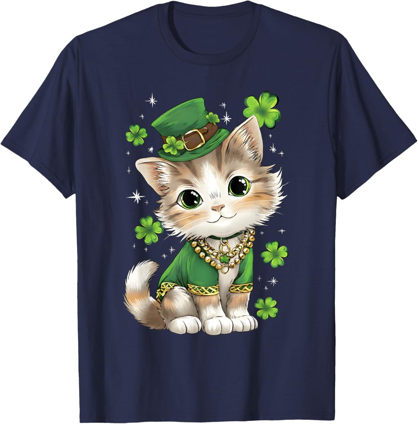 St Patricks Day Cat Leprechaun Hat Shamrock Saint Pattys Day T-Shirt - T-Shirt | Navy