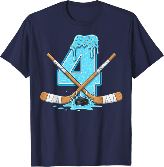 4 Year Old Hockey Ice Cream Drip Youth 4th Birthday Boys T-Shirt - T-Shirt | Navy