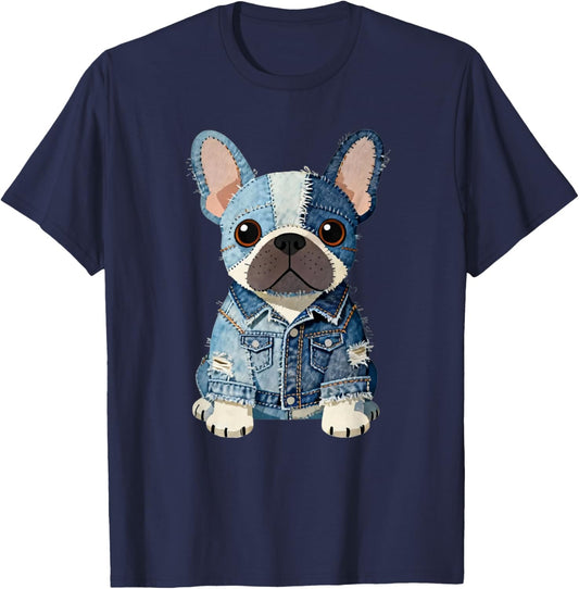 Cute French Bulldog Denim Patches Animal Frenchie Vintage T-Shirt - T-Shirt | Navy