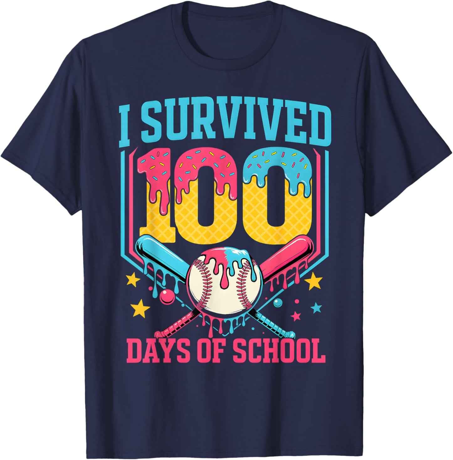 100 Days of School Baseball Drip 100 Days Boy Girl Kids T-Shirt - T-Shirt | Navy