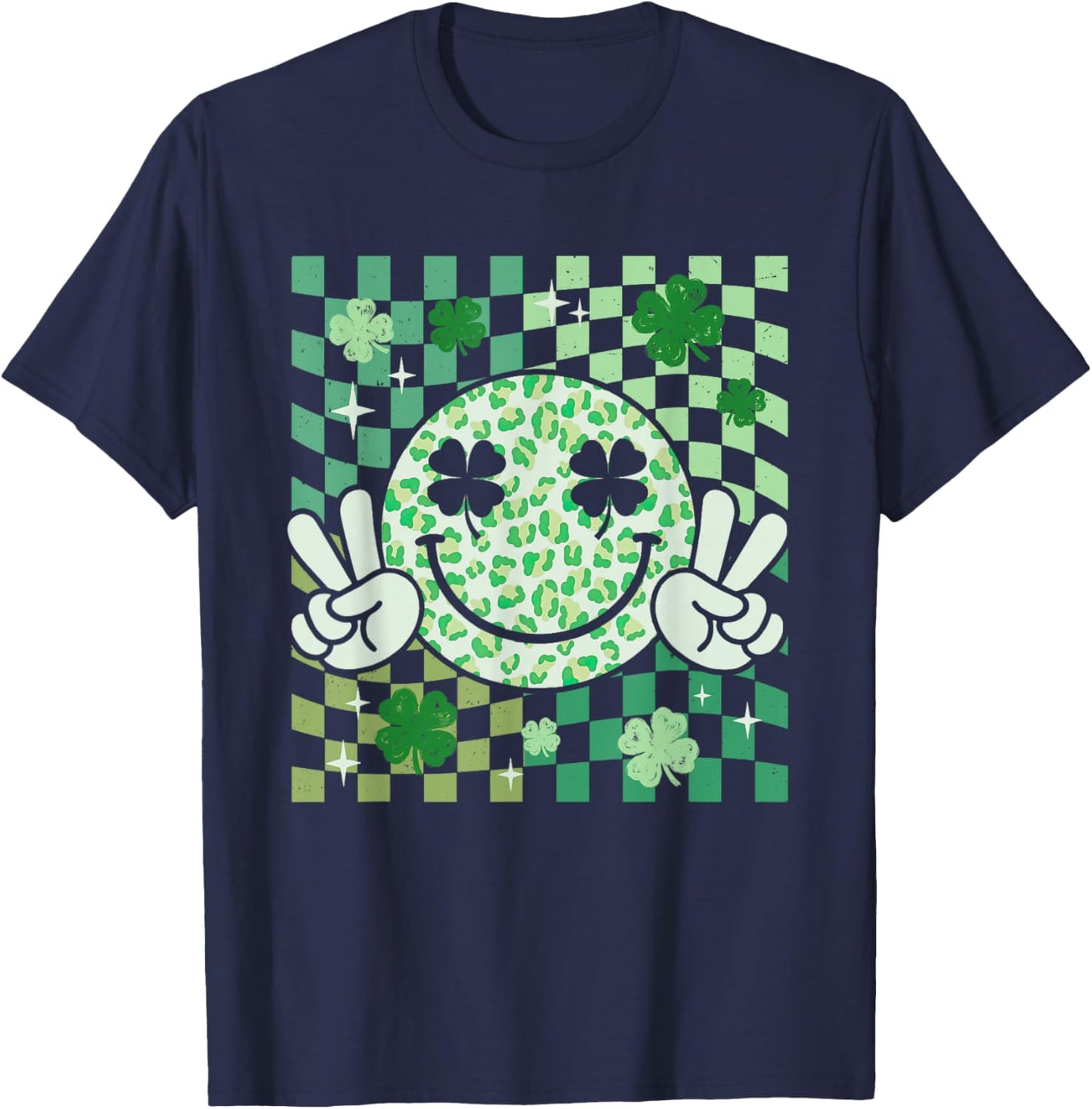 Groovy Smile Face St Patricks Day Shamrock Checker Women Kid T-Shirt - T-Shirt | Navy