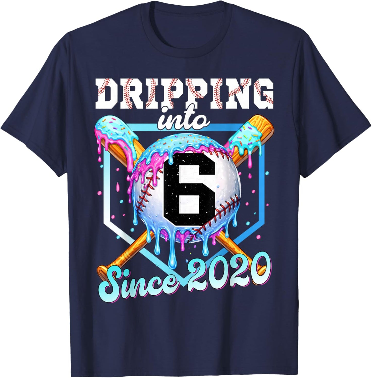 6 Years Old Baseball Ice Cream 6th Birthday Boys Since 2020 T-Shirt - T-Shirt | Navy