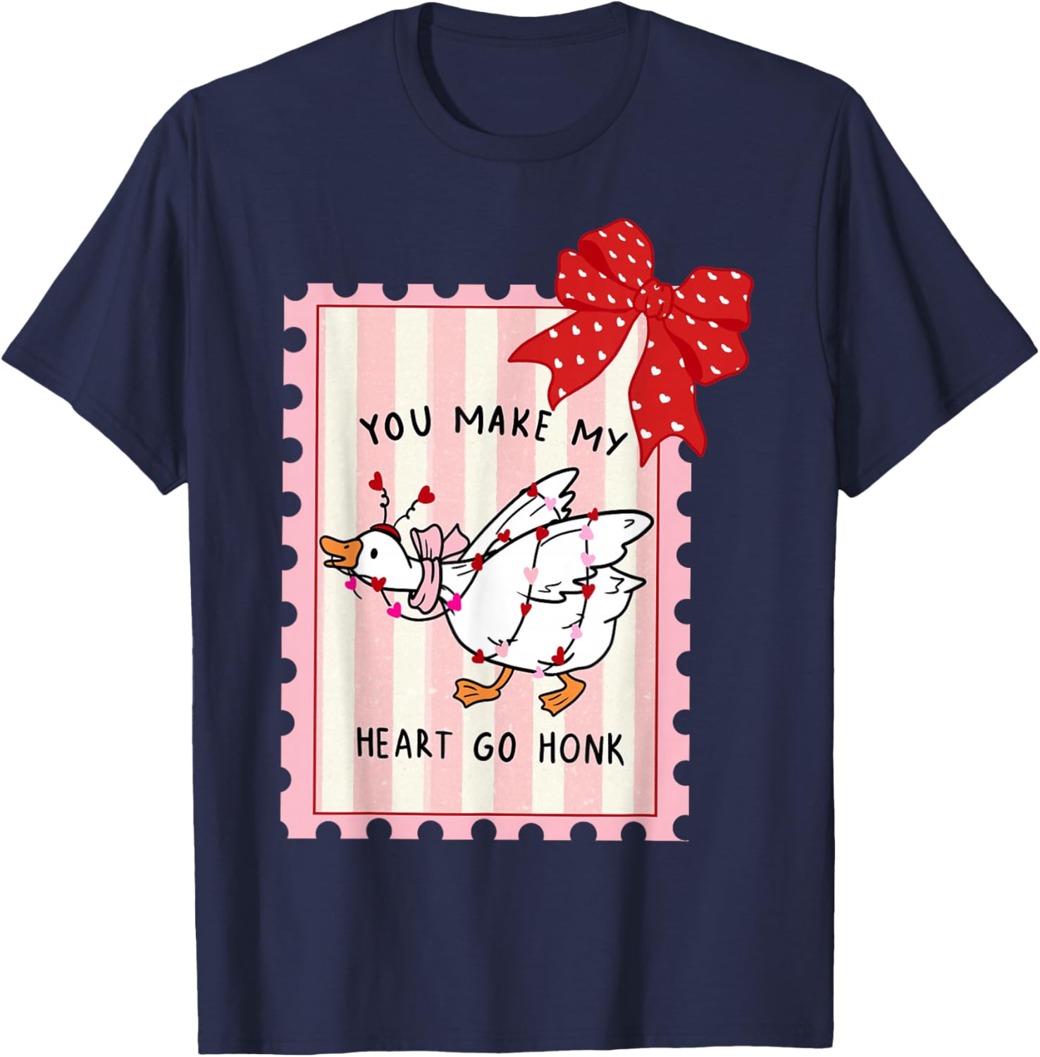 You Make My Heart Go Honk Valentine Goose Preppy Stamp Bow T-Shirt - T-Shirt | Navy