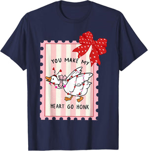You Make My Heart Go Honk Valentine Goose Preppy Stamp Bow T-Shirt - T-Shirt | Navy