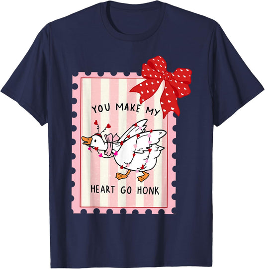 You Make My Heart Go Honk Valentine Goose Preppy Stamp Bow T-Shirt - T-Shirt | Navy