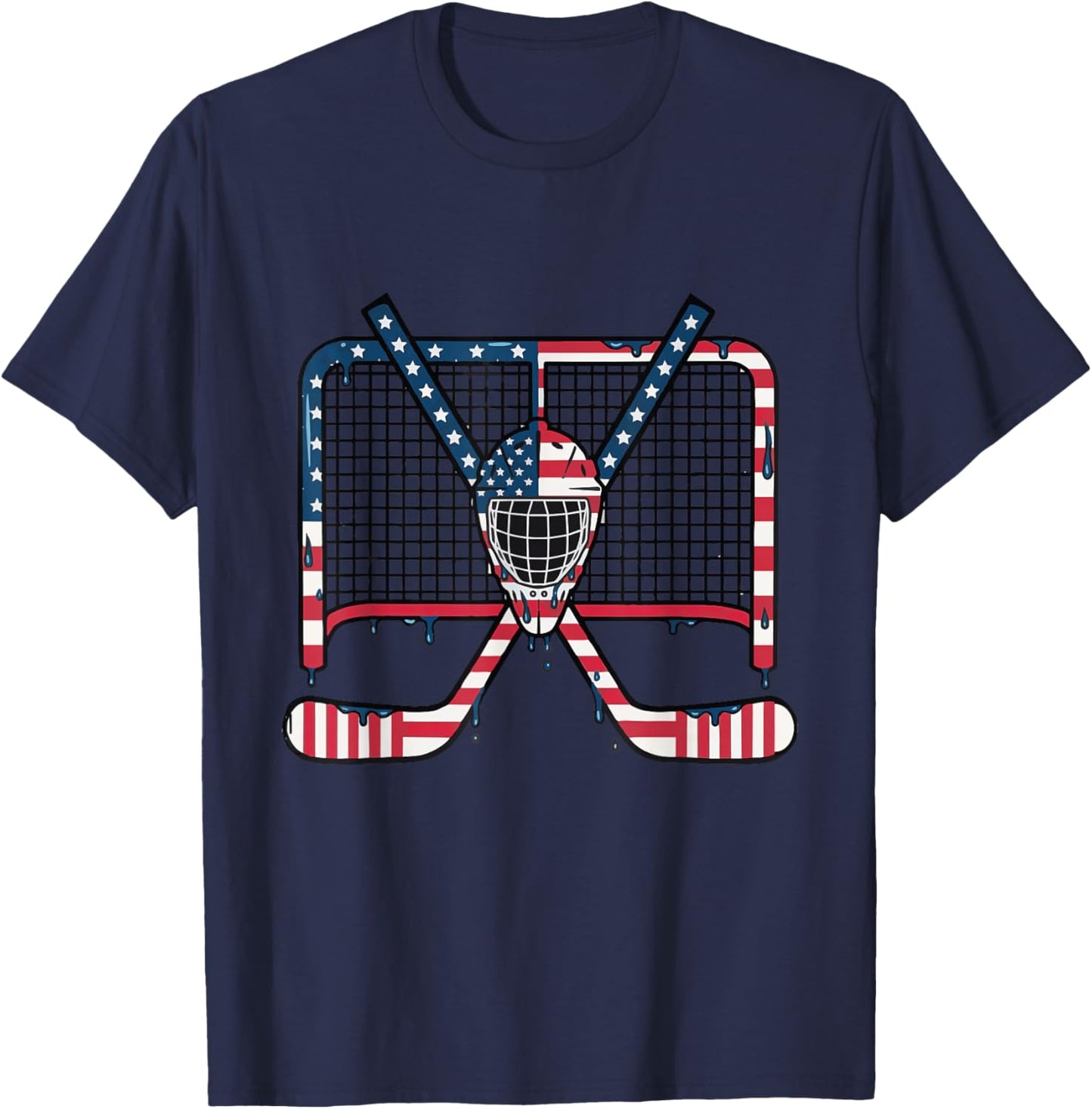 Ice Hockey Drip Goalie Field American Flag Boys Youth Men T-Shirt - T-Shirt | Navy