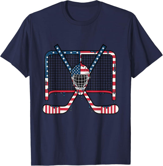 Ice Hockey Drip Goalie Field American Flag Boys Youth Men T-Shirt - T-Shirt | Navy