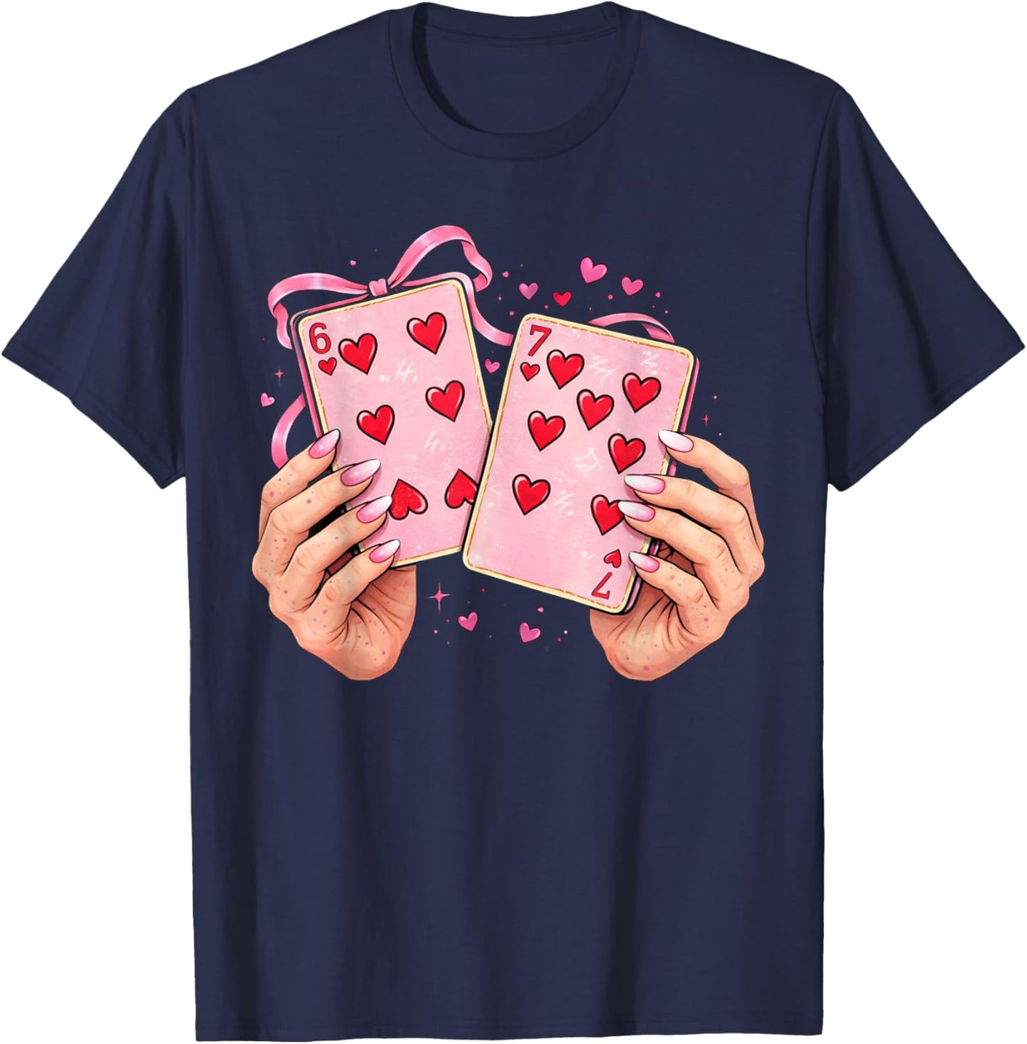 Playing Cards 6 7 of Hearts 67 Six Seven Bow Valentines Day T-Shirt - T-Shirt | Navy