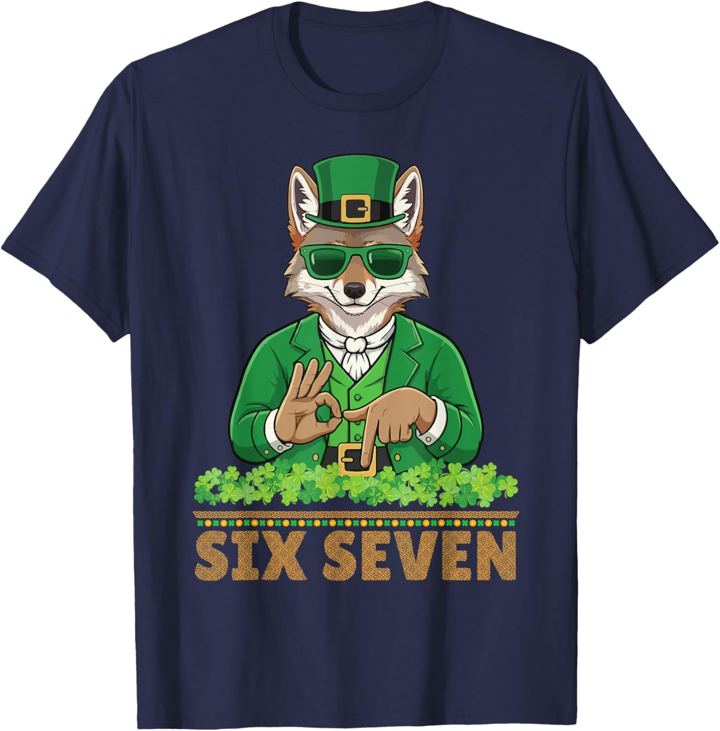 Coyote Leprechaun Six Seven Shamrocks Patrick Day Irish T-Shirt - T-Shirt | Navy