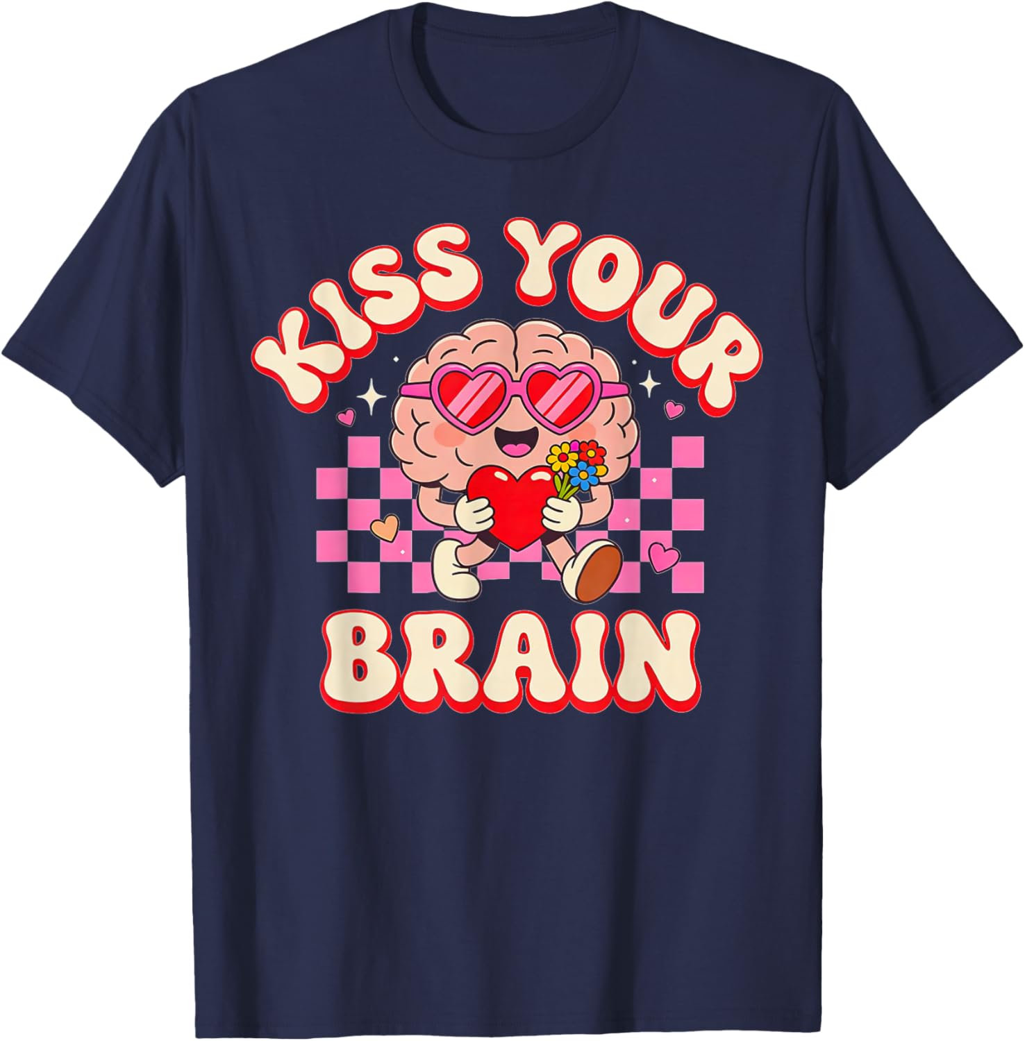 Groovy Kiss Your Brain Retro Valentines Day Teacher Kids T-Shirt - T-Shirt | Navy