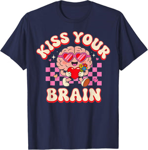 Groovy Kiss Your Brain Retro Valentines Day Teacher Kids T-Shirt - T-Shirt | Navy