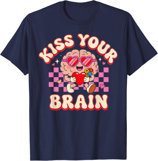 Groovy Kiss Your Brain Retro Valentines Day Teacher Kids T-Shirt - T-Shirt | Navy