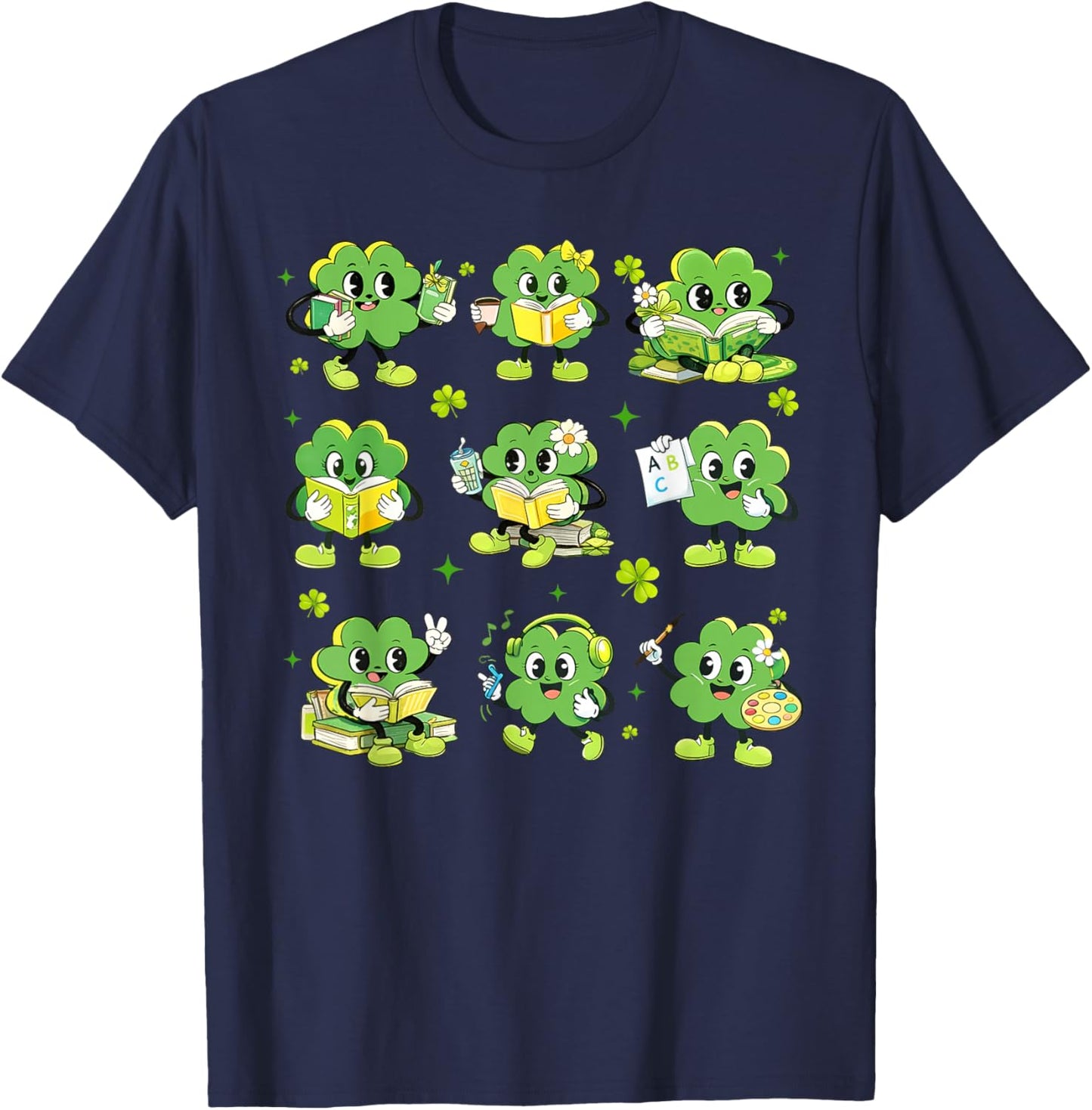 St Patricks Day Shamrock Reading Books Teacher Boys Girls T-Shirt - T-Shirt | Navy