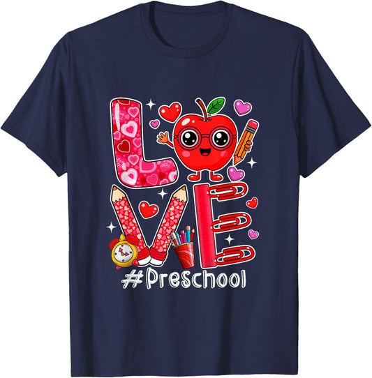 Love Preschool Cute Hearts Valentine's Day Students Teacher T-Shirt - T-Shirt | Navy