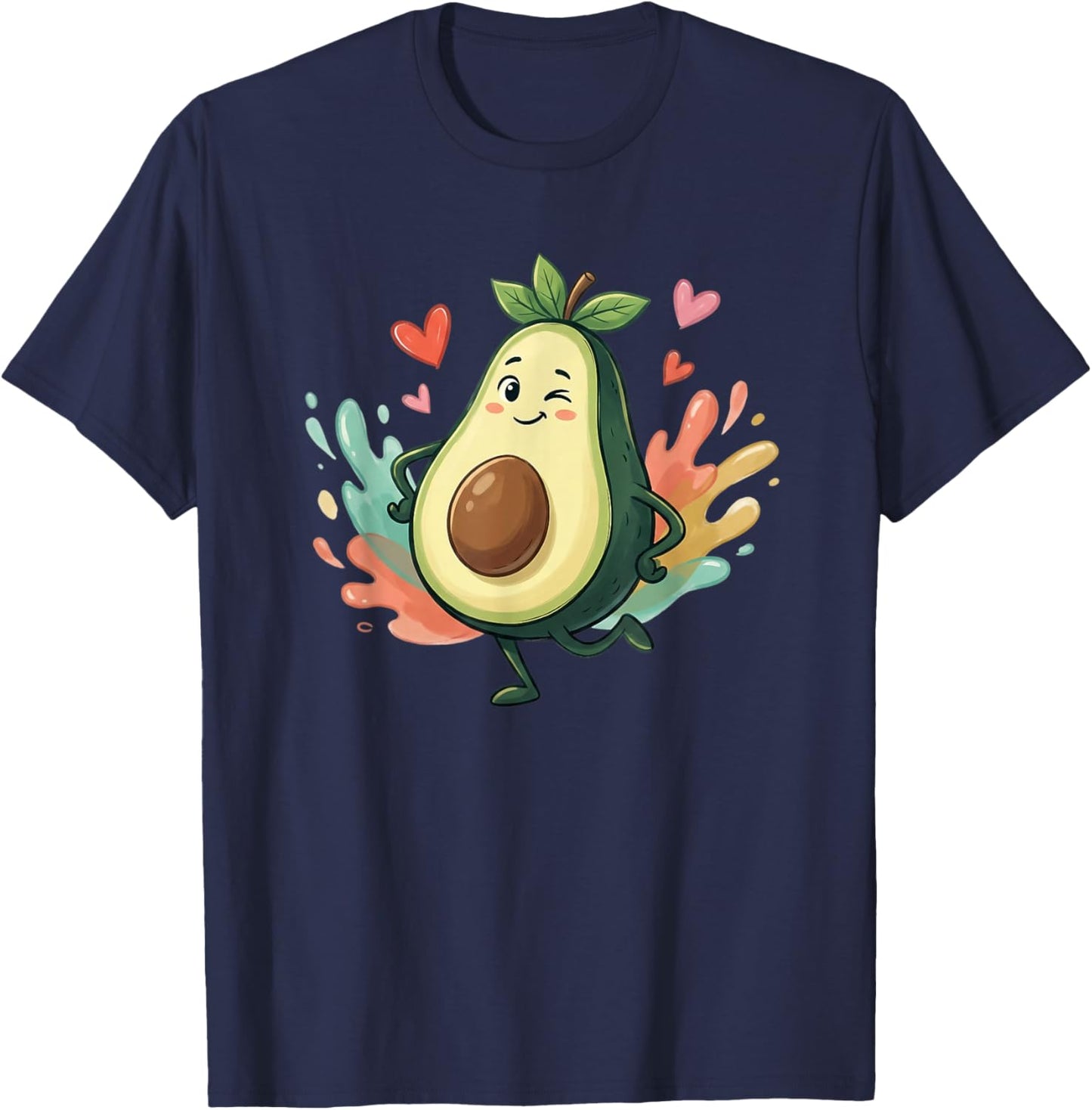 Cute Kawaii Avocado Walking with Hearts Around T-Shirt - T-Shirt | Navy