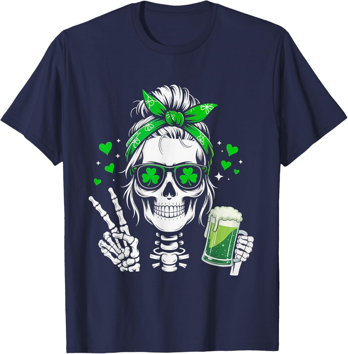 Skull Sunglass Messy Bun Irish Peace St Patrick's Day Women T-Shirt - T-Shirt | Navy