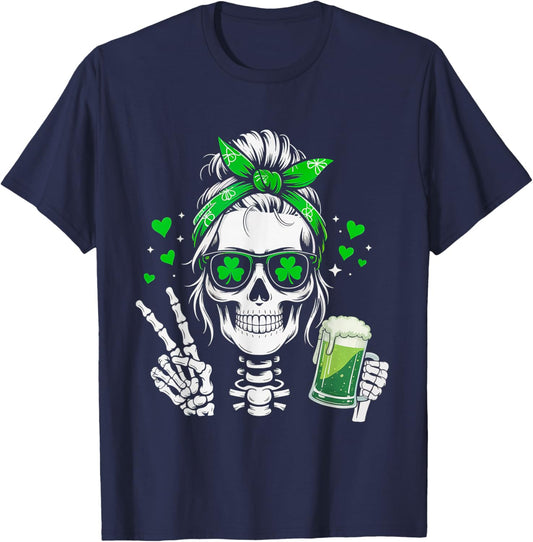 Skull Sunglass Messy Bun Irish Peace St Patrick's Day Women T-Shirt - T-Shirt | Navy