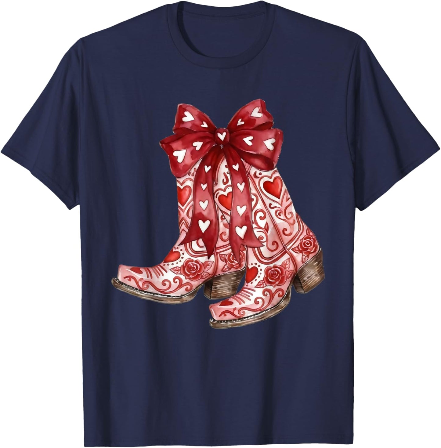 Retro Cowgirl Boots Red Coquette Bow Hearts Valentines Day T-Shirt - T-Shirt | Navy