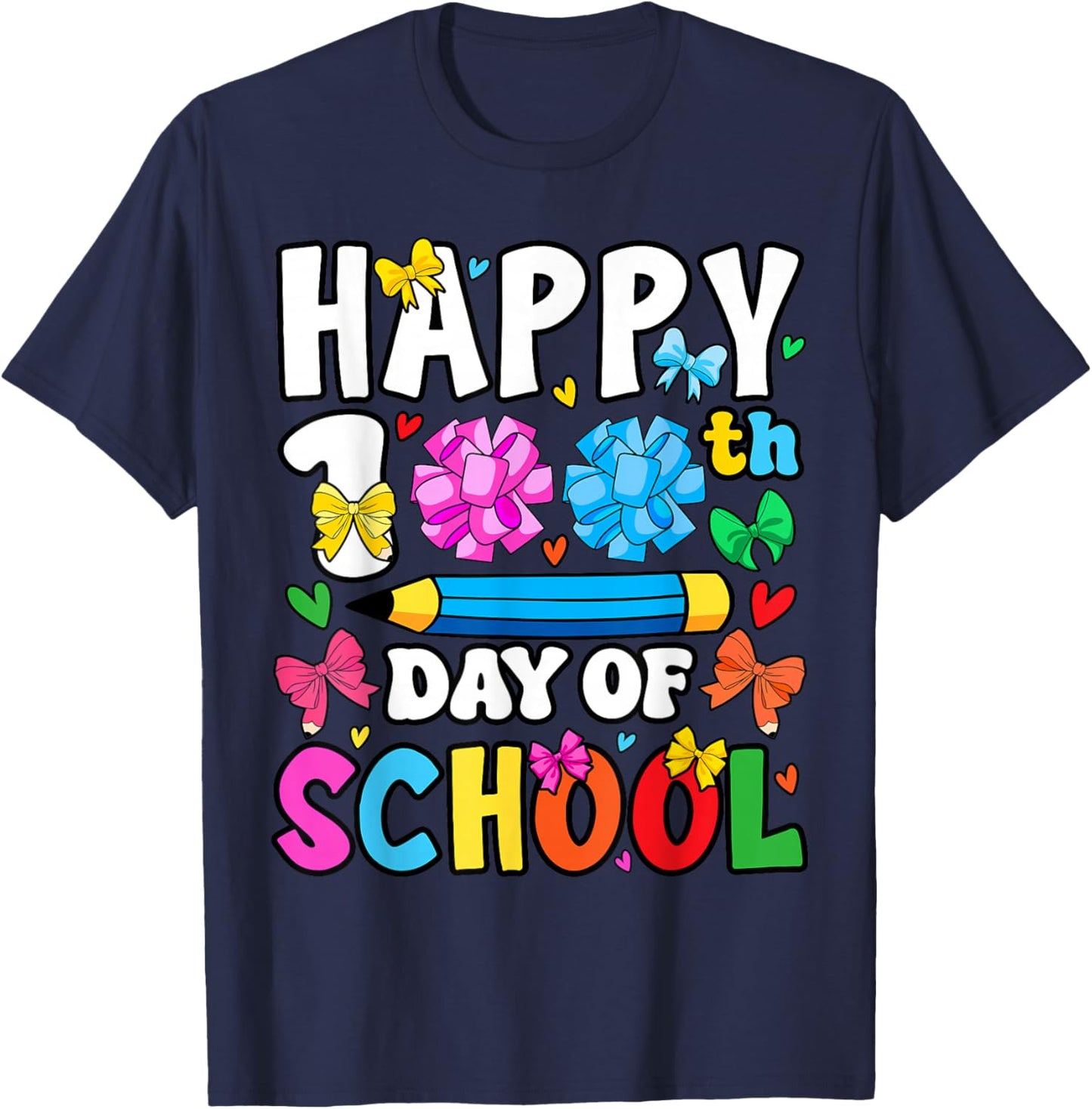 Happy 100th Day of School Coquette Bow 100 Days Girls T-Shirt - T-Shirt | Navy