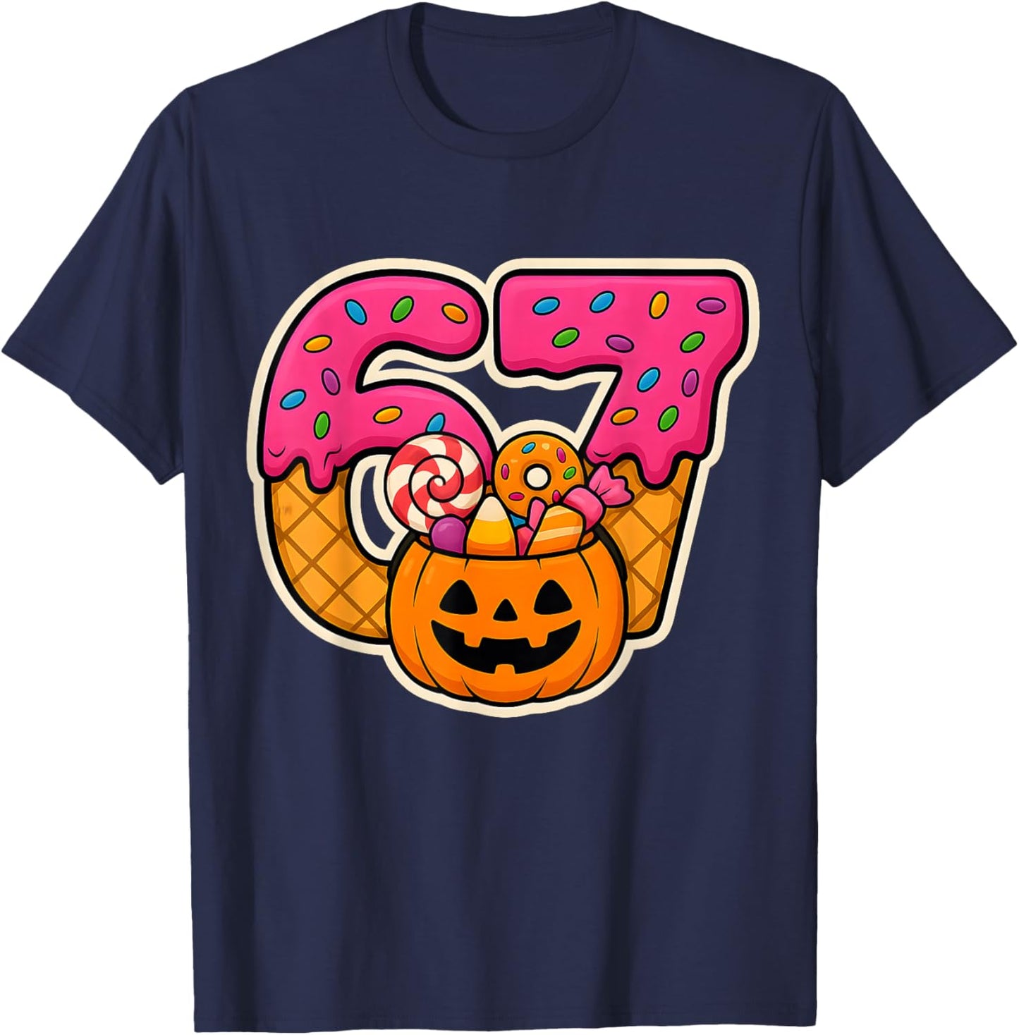 Funny Donut Number 67 Halloween Birthday Kids Candy Pumpkin T-Shirt - T-Shirt | Navy