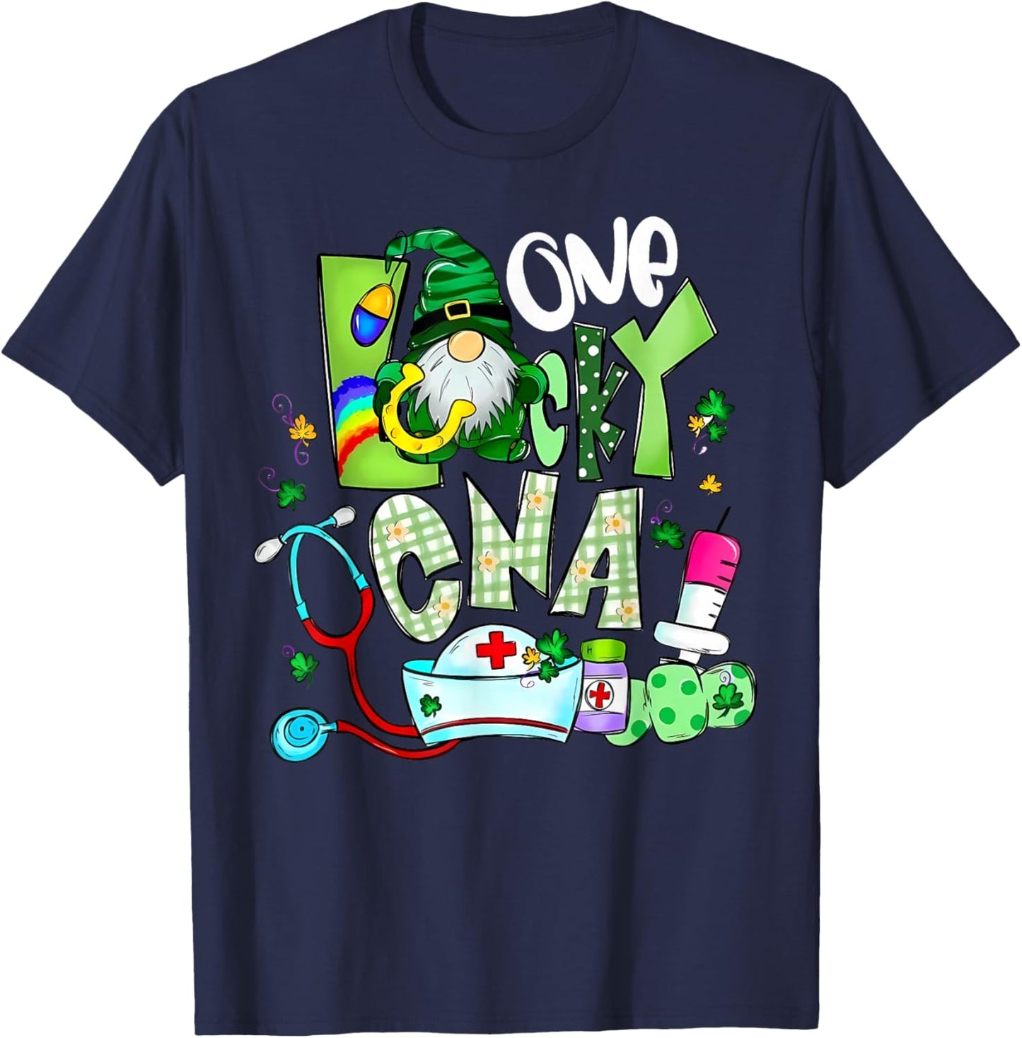 Lucky CNA Gnome St Patricks Day Nurse Shenanigans Irish T-Shirt - T-Shirt | Navy