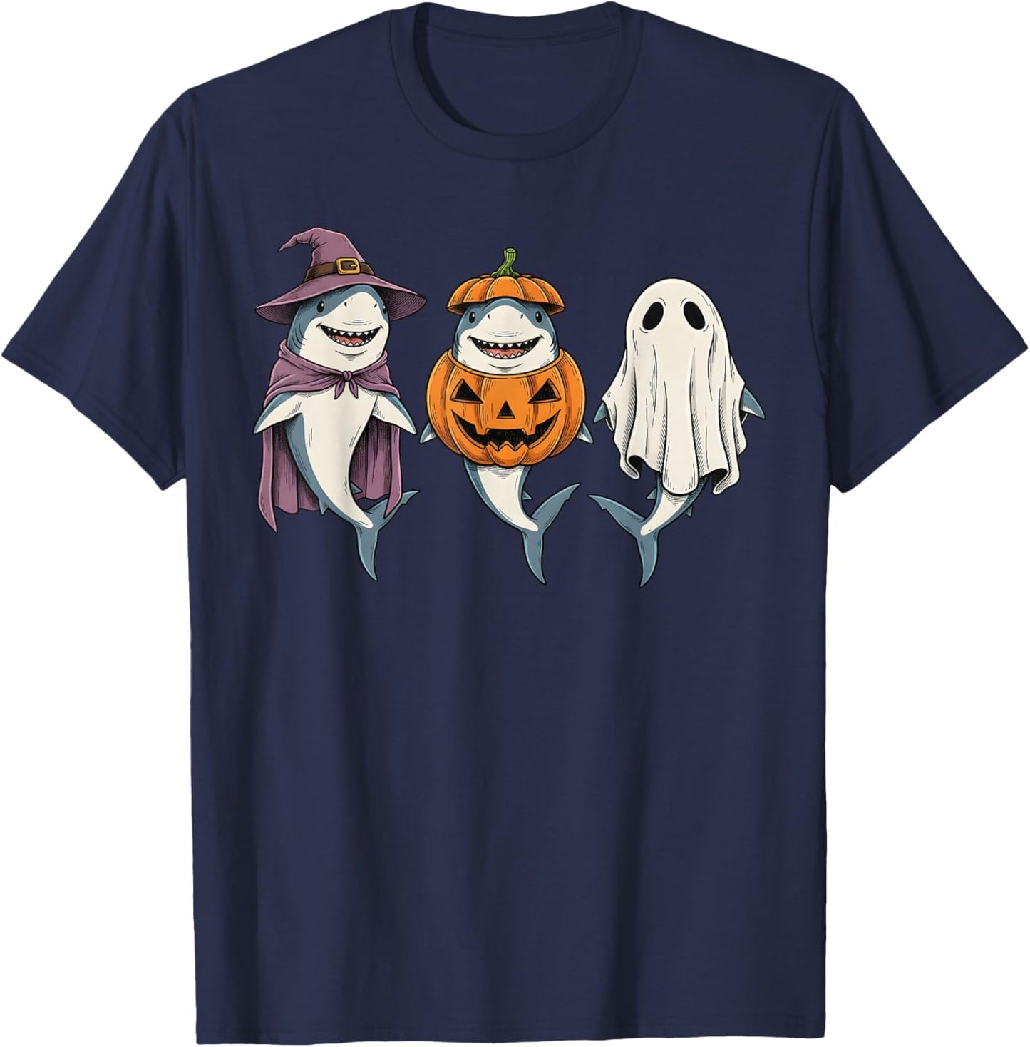Spooky Ghost Shark Lover Pumpkin Halloween T-Shirt - T-Shirt | Navy