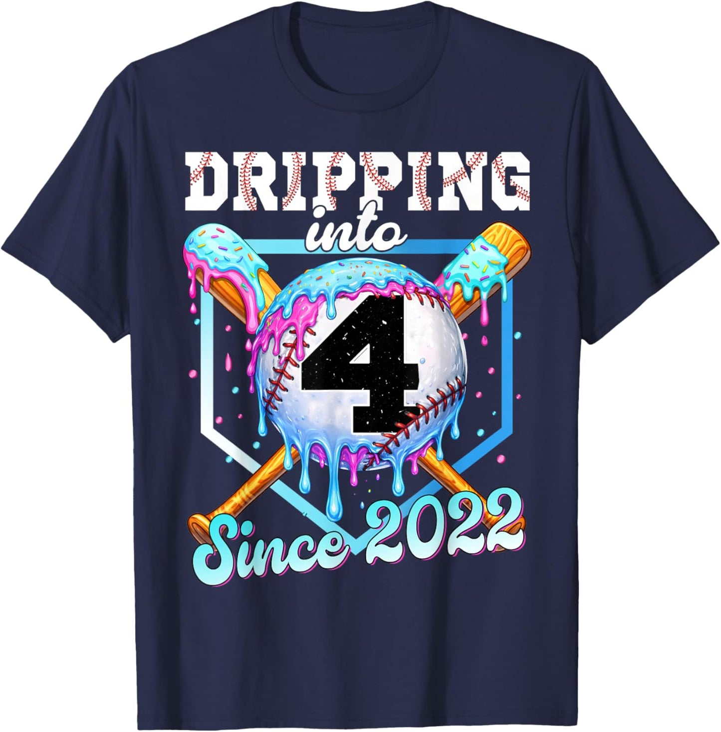 4 Years Old Baseball Ice Cream 4th Birthday Boys Since 2022 T-Shirt - T-Shirt | Navy