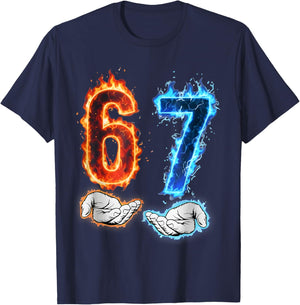 Funny Six Seven 67 Meme Hands Boys Kids Flames Fire Graphics T-Shirt - T-Shirt | Navy