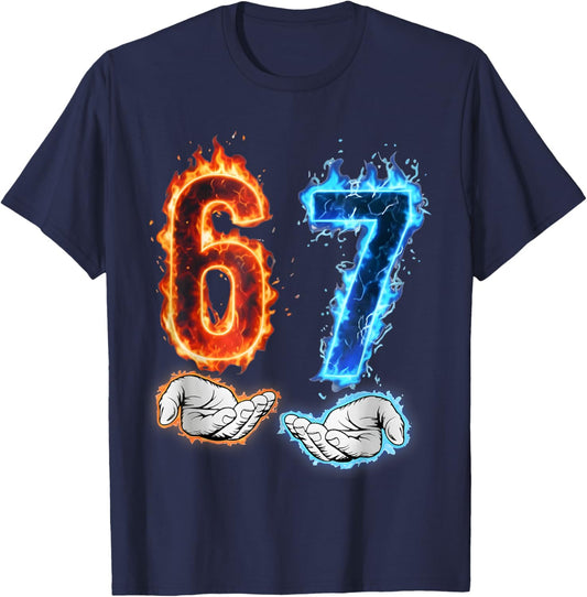 Funny Six Seven 67 Meme Hands Boys Kids Flames Fire Graphics T-Shirt - T-Shirt | Navy
