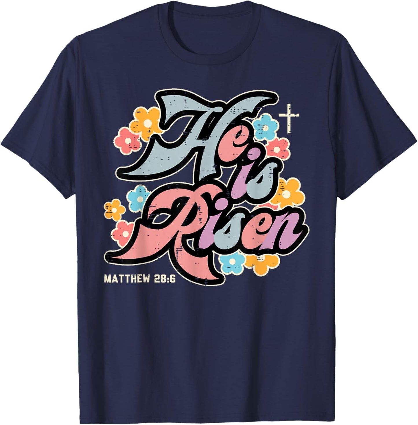 Easter He is Risen Flowers Jesus Christian Girls Kids Women T-Shirt - T-Shirt | Navy