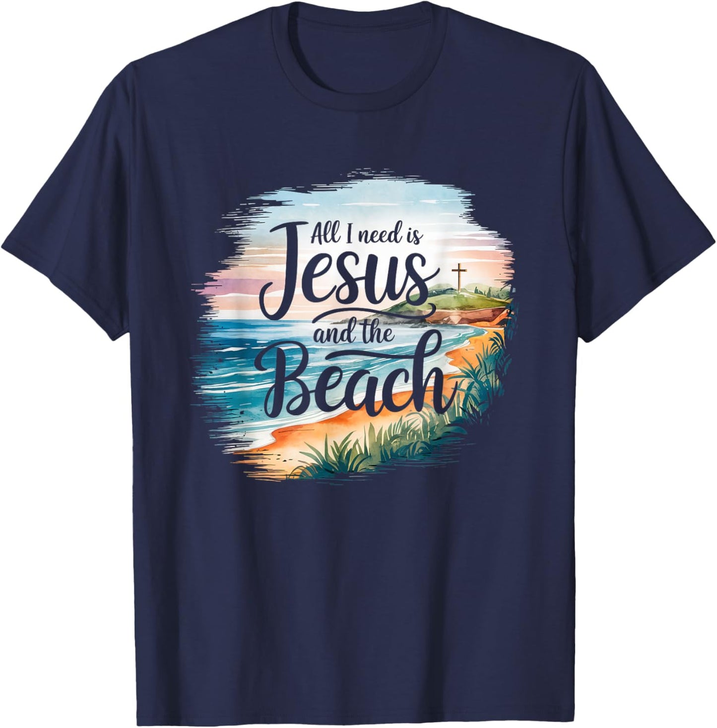 All I Need Jesus and The Beach Funny Christian Sun Vacation T-Shirt - T-Shirt | Navy