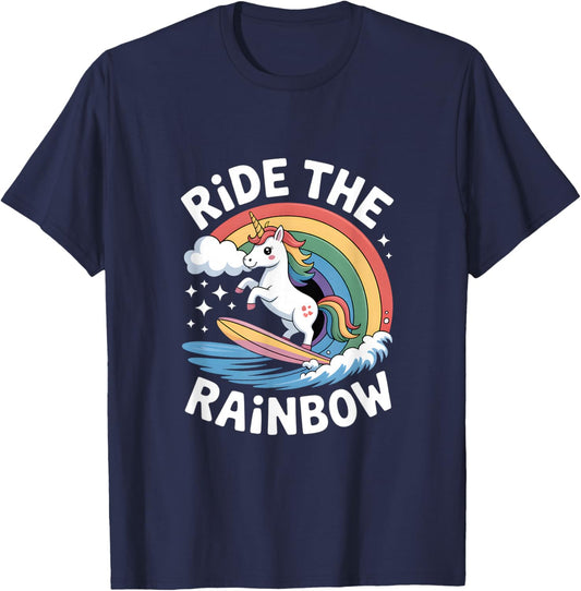 Ride The Rainbow Unicorn Surfboard Wave T-Shirt - T-Shirt | Navy
