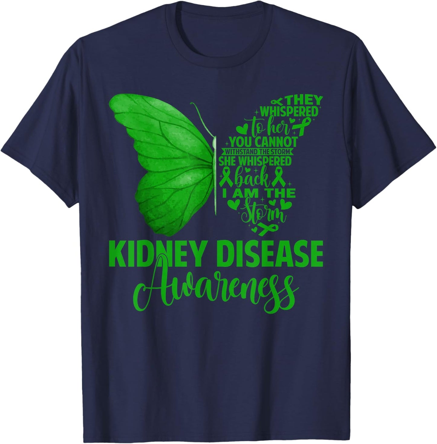 Kidney Disease Awareness Warriors Green Ribbon Butterfly T-Shirt - T-Shirt | Navy