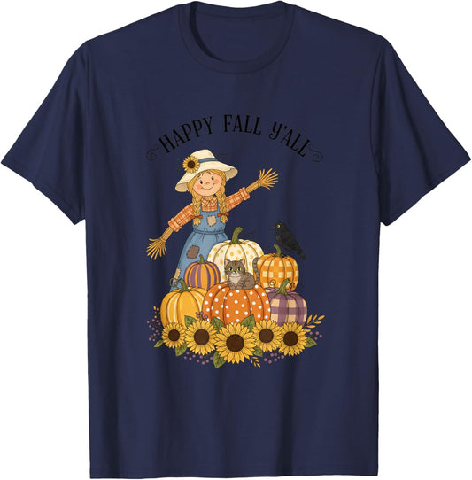 Happy Fall Y'all Scarecrow Pumpkin Sunflowers Autumn Thanksg T-Shirt - T-Shirt | Navy