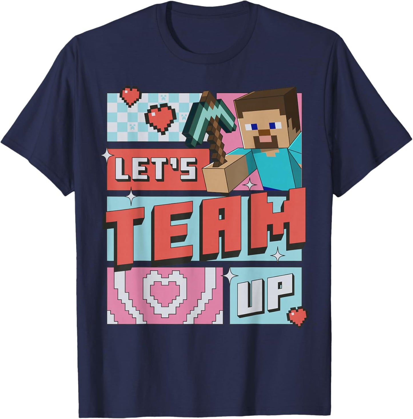 Minecraft Steve Team Up Retro Love T-Shirt - T-Shirt | Navy