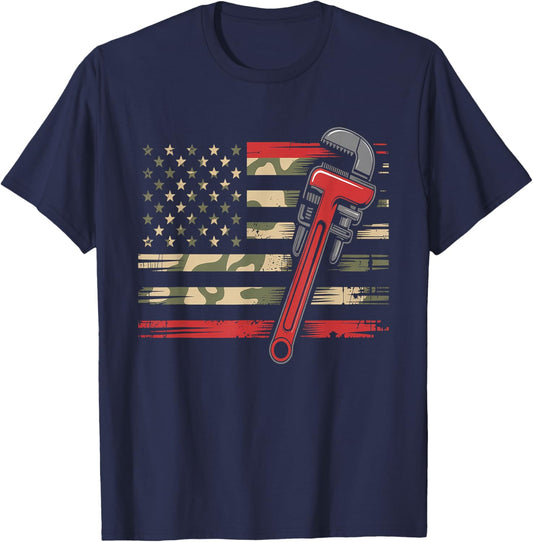 Plumber Camo USA Flag - Patriotic Plumbing Wrench T-Shirt - T-Shirt | Navy