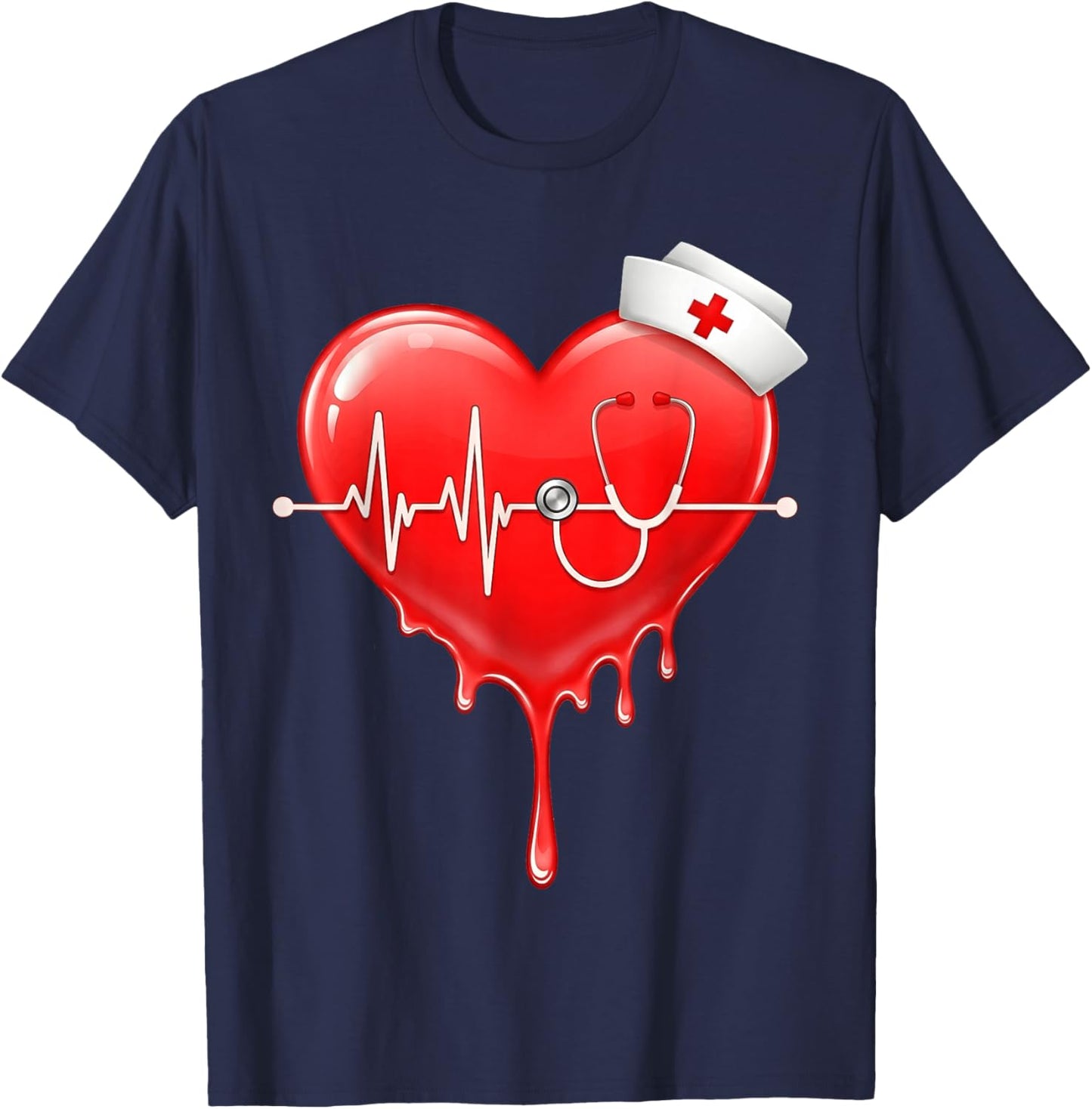Valentines Day Nurse Dripping Heartbeat Stethoscope Medical T-Shirt - T-Shirt | Navy