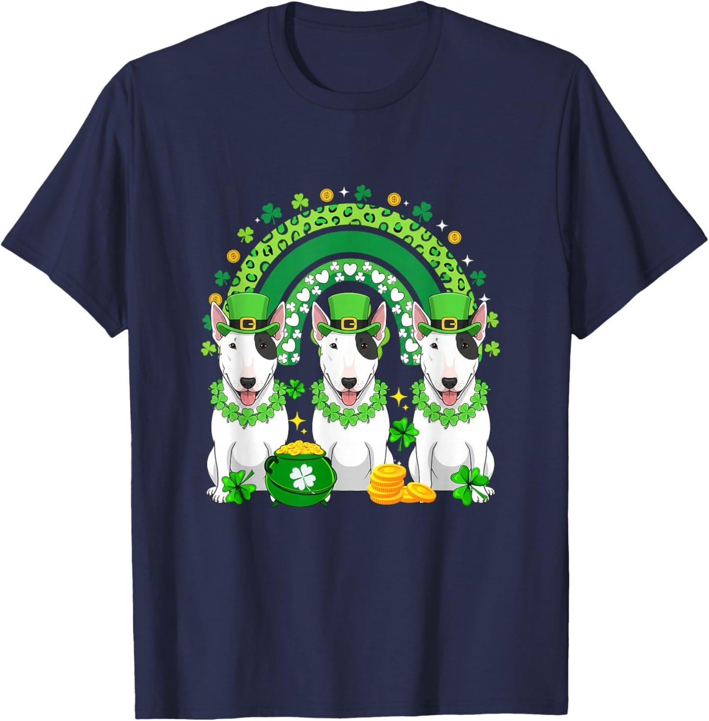 Three Cute Bull Terriers St. Patrick's Day Shamrocks Rainbow T-Shirt - T-Shirt | Navy