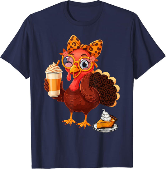 Thanksgiving Women Fall Turkey Drinking Coffee Leopard T-Shirt - T-Shirt | Navy