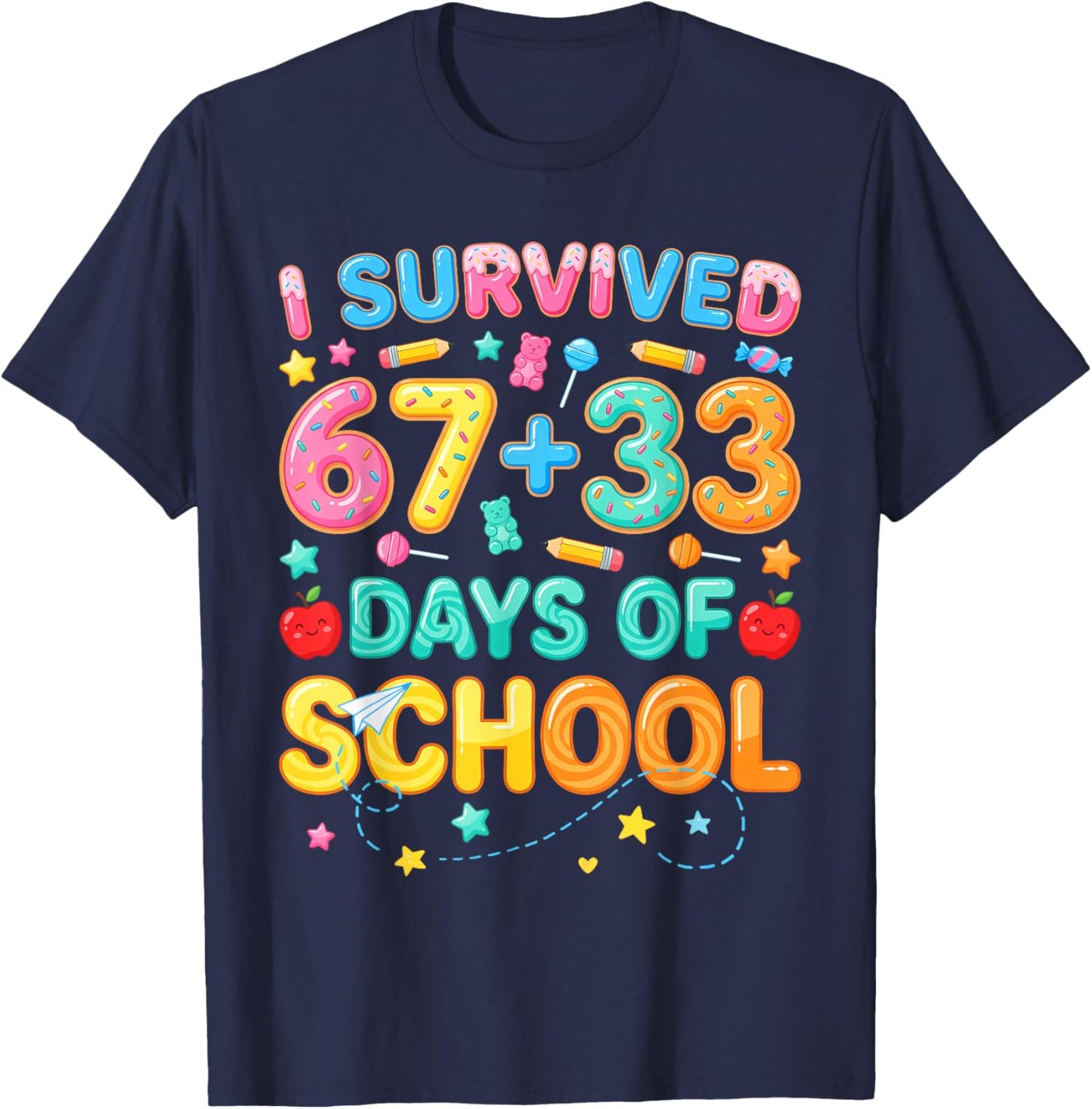 I Survived 67+33 Days of School 100 Days 6 7 Kids Boys Girls T-Shirt - T-Shirt | Navy