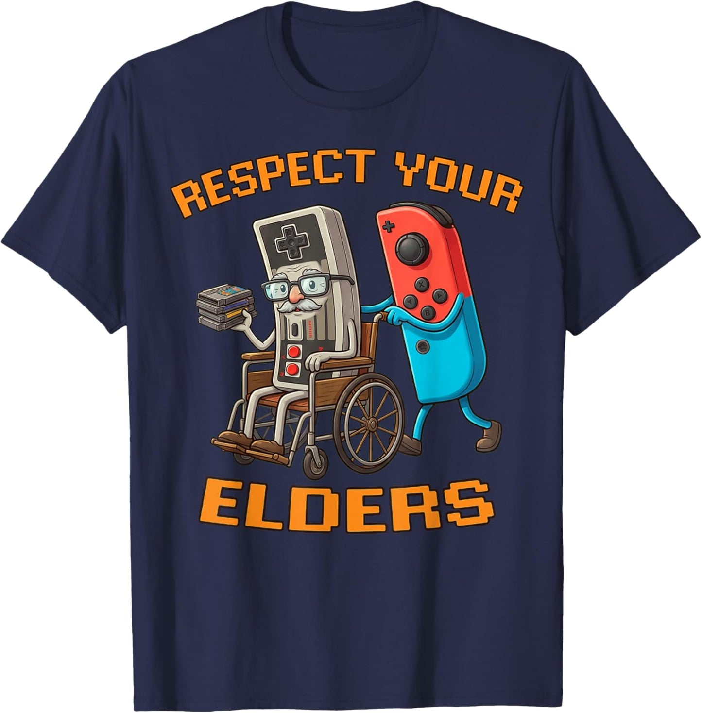 Funny Retro Meme Respect Your Elders Gamer Video Game T-Shirt - T-Shirt | Navy